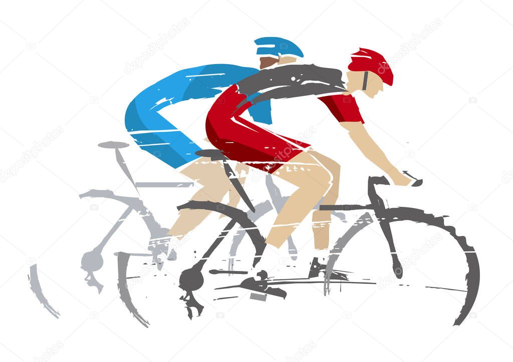 Road Cycling Competitors. Expressive illustration, Group of two cyclists on the white background.Vector available.