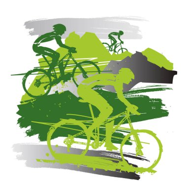  Dağ bisikletçileri, dağ gezisi. Dağ bisikletçilerinin etkileyici grunge tasviri. Kullanılabilir vektör.