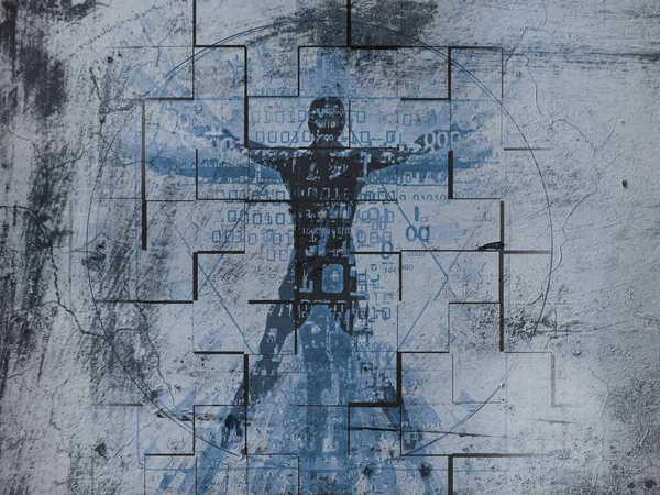 Βιτρουβιανός Futuristic Grunge Stylized Εικονογράφηση Του Βιτρουβιανού Άνδρα Ένα Βρώμικο — Φωτογραφία Αρχείου