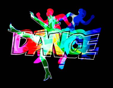  Dansçılar, modern disko dansı, gece partisi. Dans eden üç genç ve siyah arka planda DANCE yazısının çarpıcı bir tasviri..