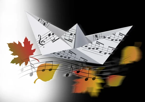 Bateau Origami Avec Notes Musicales Feuilles Automne Illustration Modèle Papier — Photo