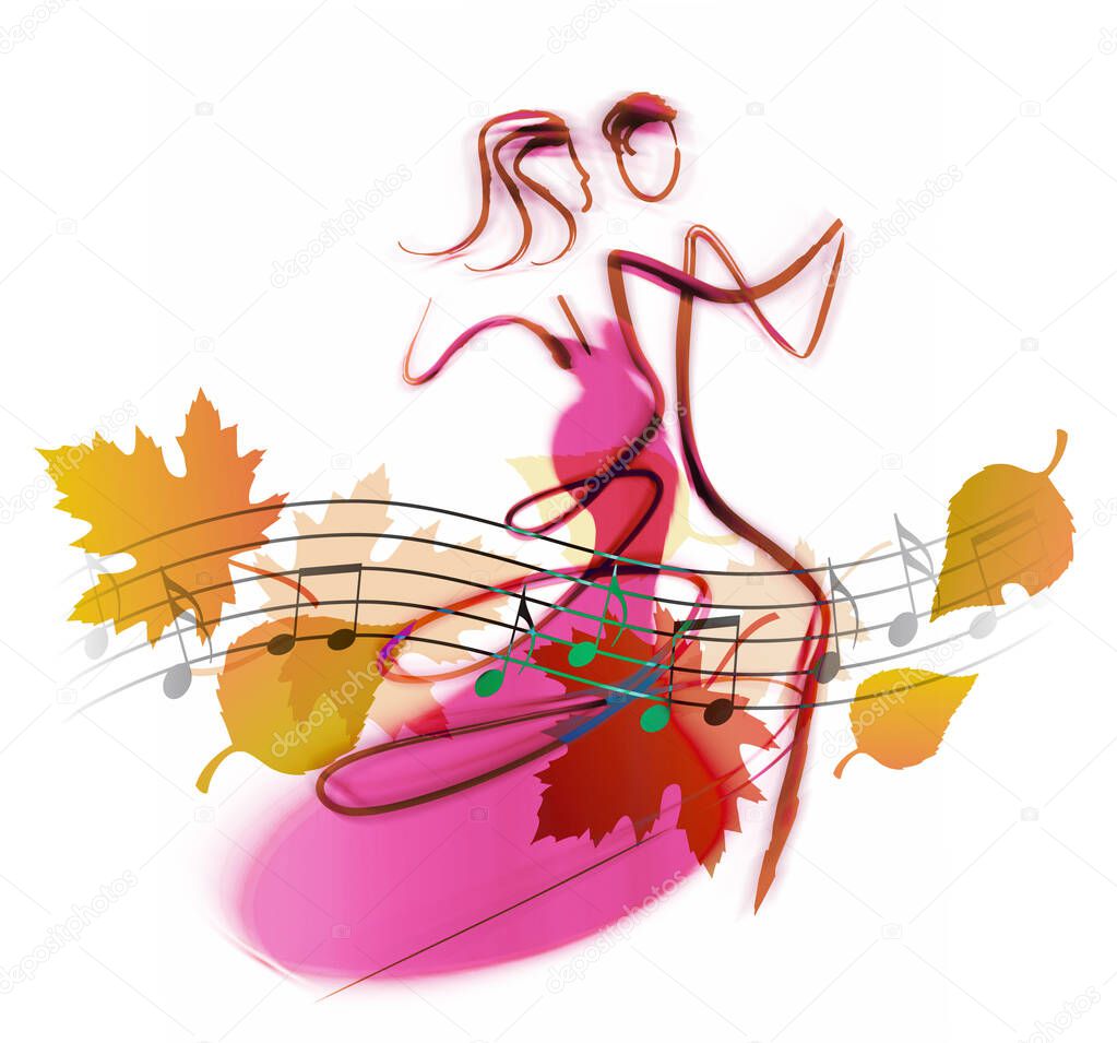 Ballroom dance, Autumn motif.Stylized illustration of Young couple dancing ballroom dance, Autumn leaves and music notes.