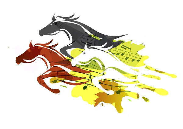 Музыкальный Мотив Running Horses Экспрессивная Красочная Иллюстрация Силуэтов Лошадей Музыкальными — стоковое фото