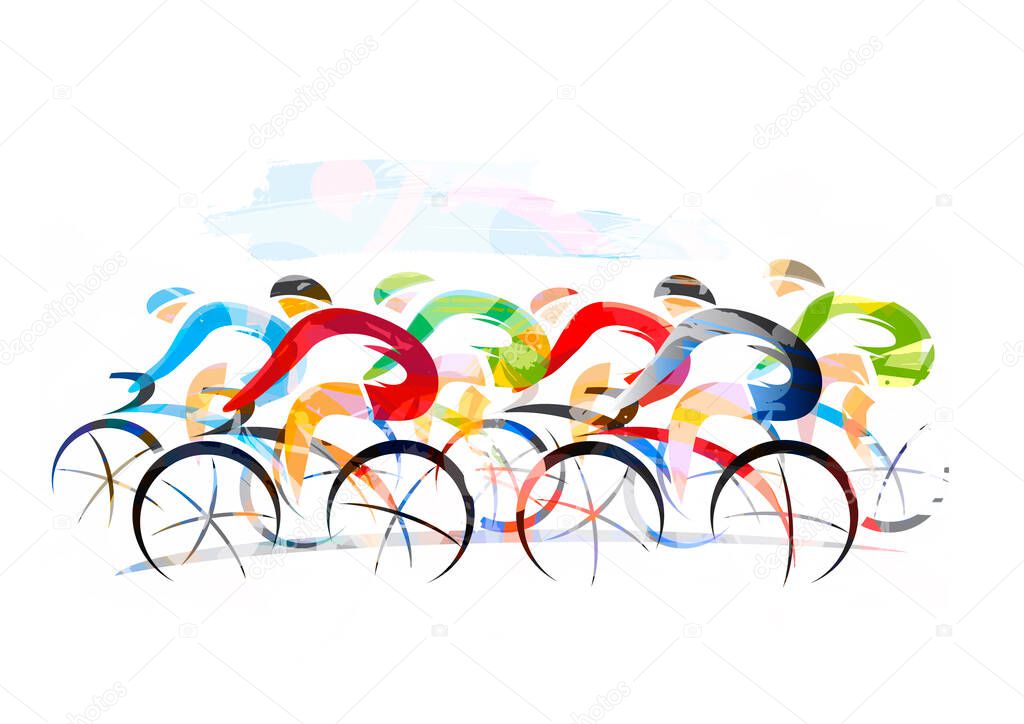 Cycling race, road cycling. Expressive Illustration of cyclists in full speed. Imitation of watercolor drawing.