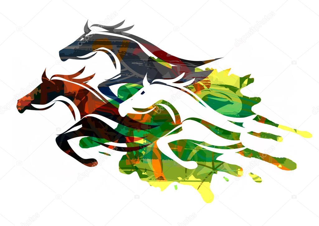 Three Running Horses.Expressive colorful illustration of three horse silhouettes. 