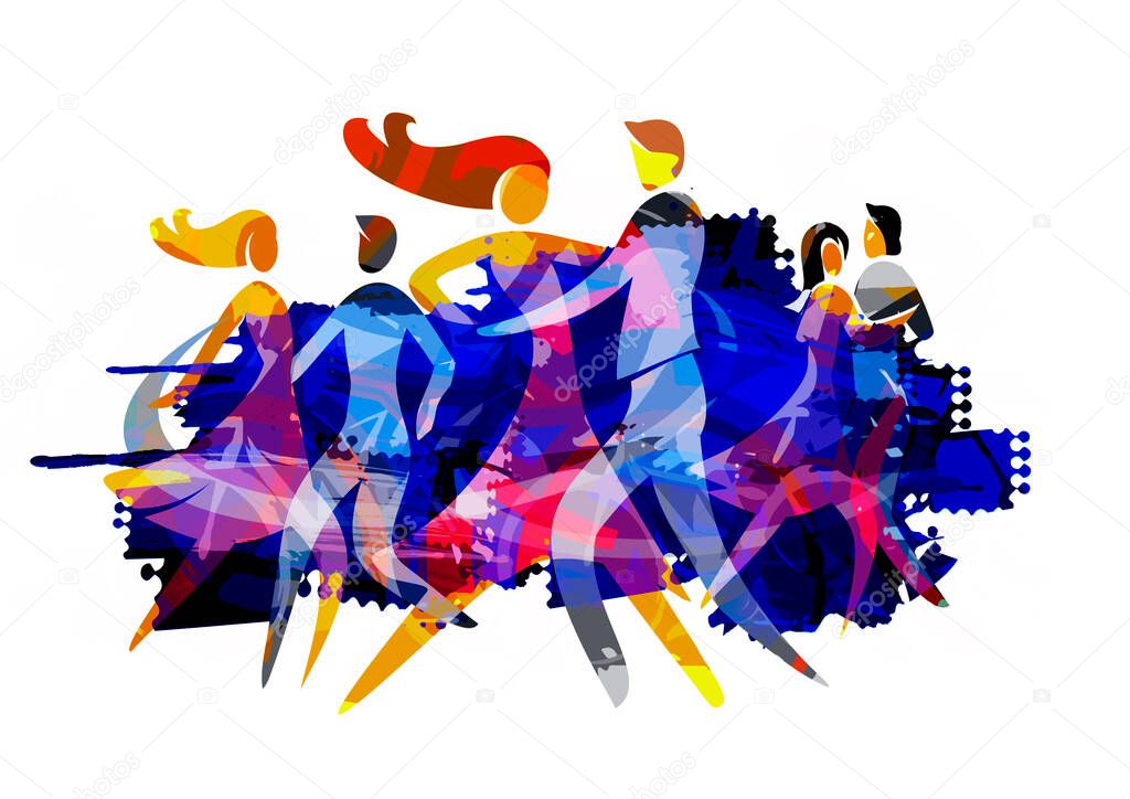 Dancing couples. Colorful illustration with silhouettes of dancing couples. Isolated on white background.