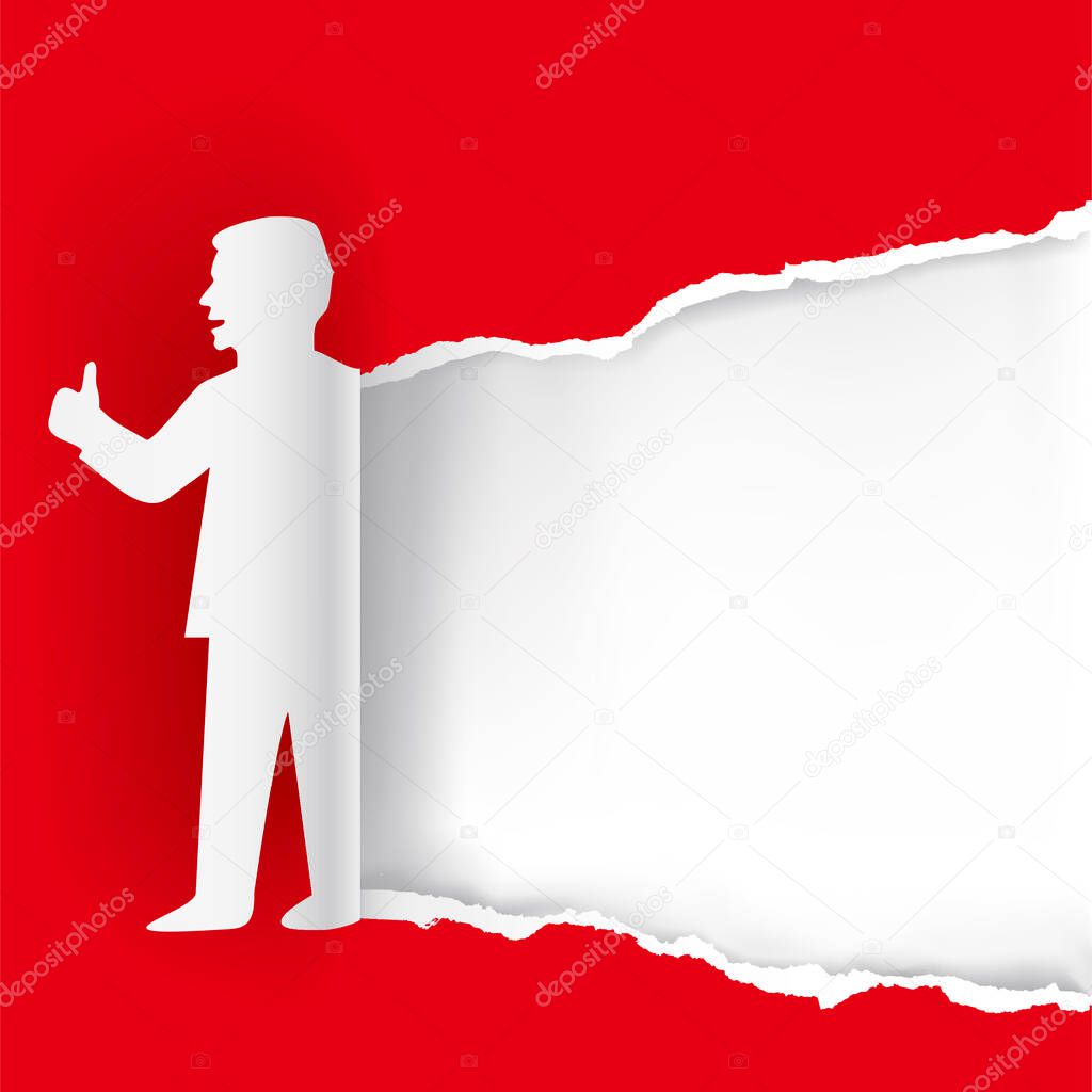 Man with thumb up, banner template.Red torn paper background with stylized Paper male silhouette. Vector available.