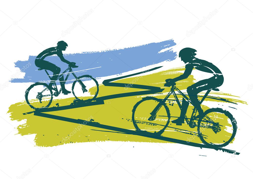  Mountain bikers, cycling race. Expressive grunge stylized illustration of mountain bike cyclists. Vector available.