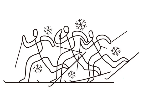 Kros Kayağı Skandinav Kayak Yarışmacılarının Dekoratif Illüstrasyonu Devamlı Çizgi Çizimi — Stok Vektör