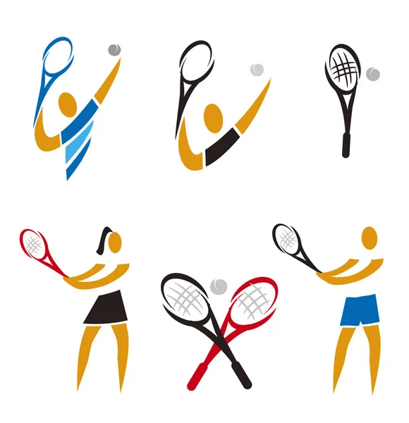 Tennis Symbol Set Von Bunten Symbolen Mit Tennisspielern Und Tennisschlägern — Stockvektor