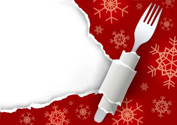菜单上的圣诞红撕纸背景 用叉子和雪花画红色撕破的纸 放置你的文字或图像 向量可用 — 图库矢量图片