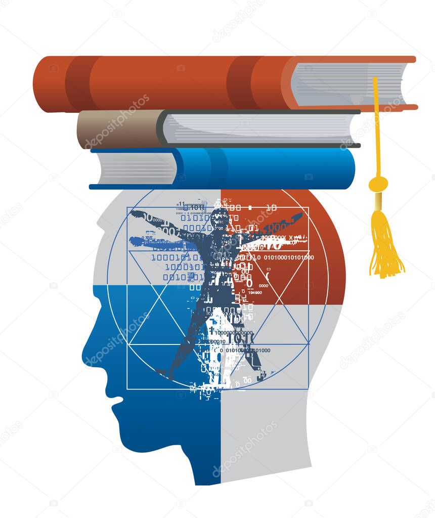  Student with vitruvian man inside head. Stylized male head silhouette books on the head symbolizing mortarboard. Vector available.