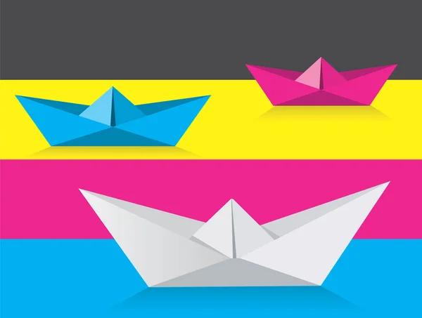 Origami barcos sobre fondo de colores de impresión — Vector de stock