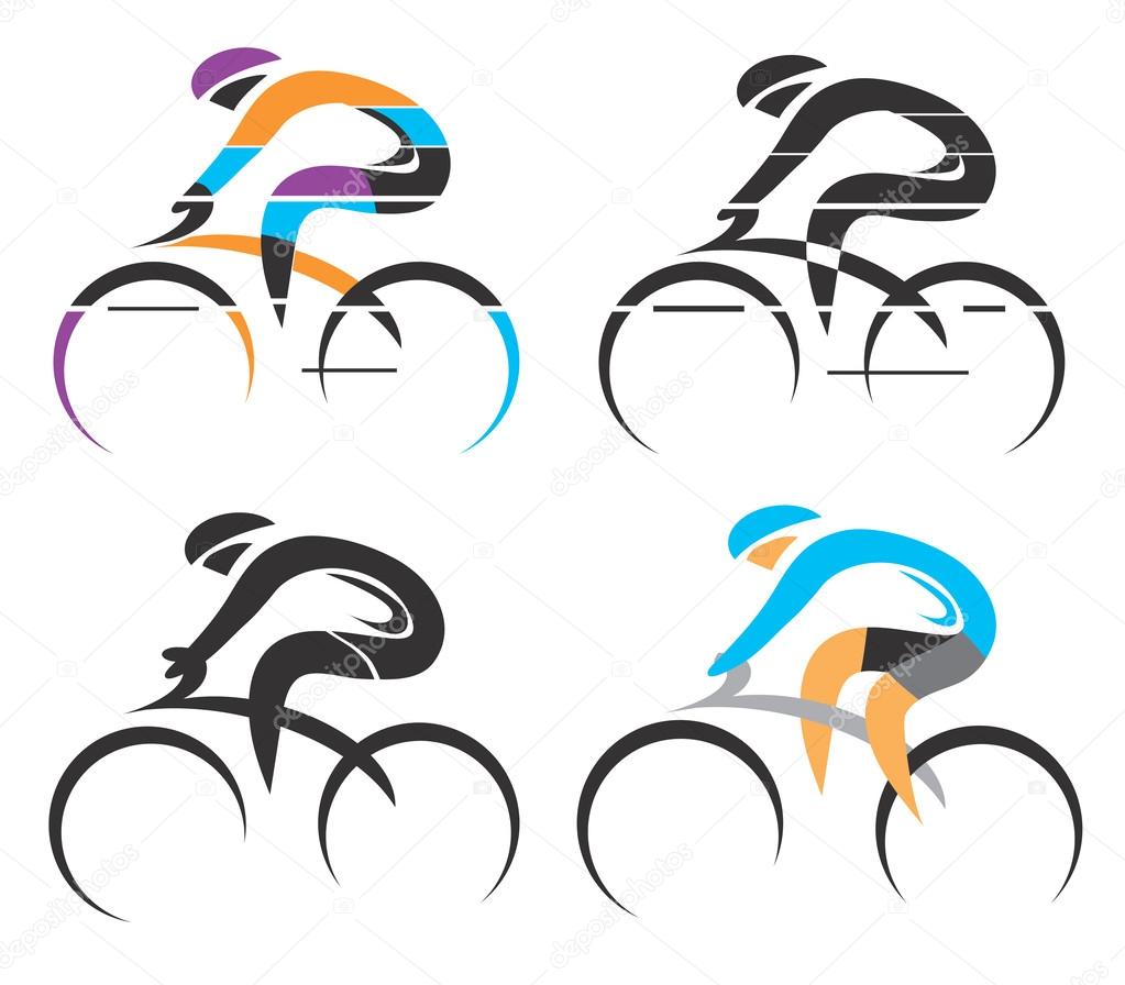 Four modern stylized colorful and black symbols of sport cyclist. Vector illustration.