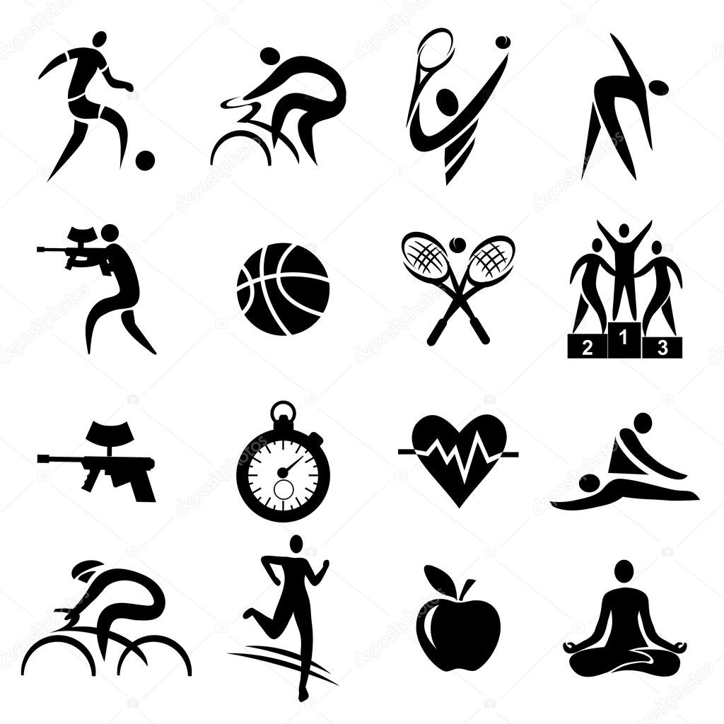 Black Icons with sport,  fitness and healthy lifestyle activities. Vector illustration.