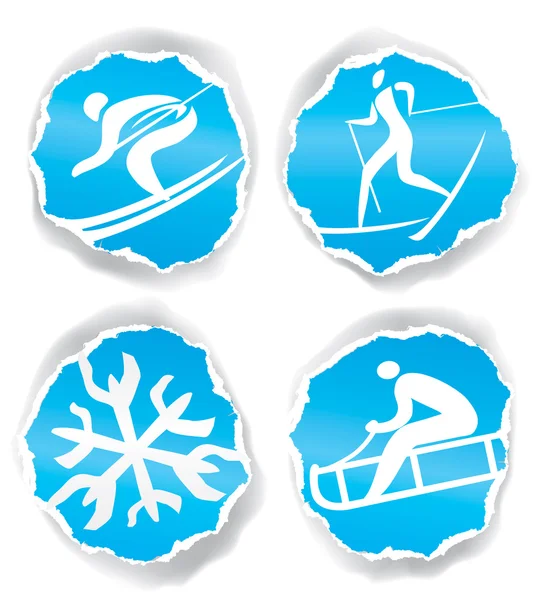 Iconos de deportes de invierno en papel roto — Vector de stock