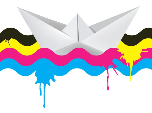 Barca di carta sulle onde di colori di stampa — Vettoriale Stock