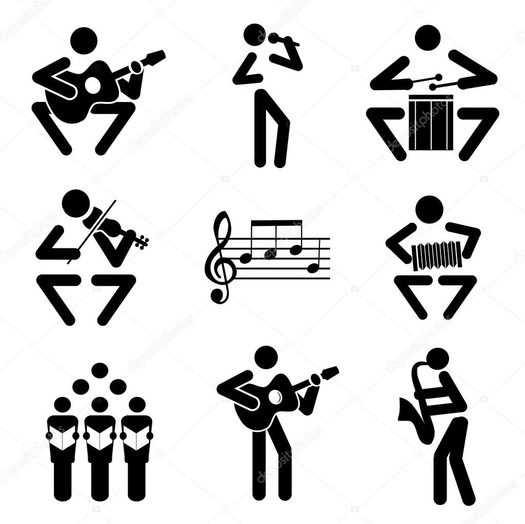 Set of black illustrations of musical notes and musicians. Vector illustration.