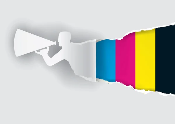 Promoción hombre rasgando papel con colores de impresión — Vector de stock