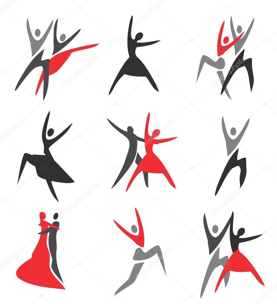 Set of  ballroom, ballet, modern dance colorful icons. Vector illustration.