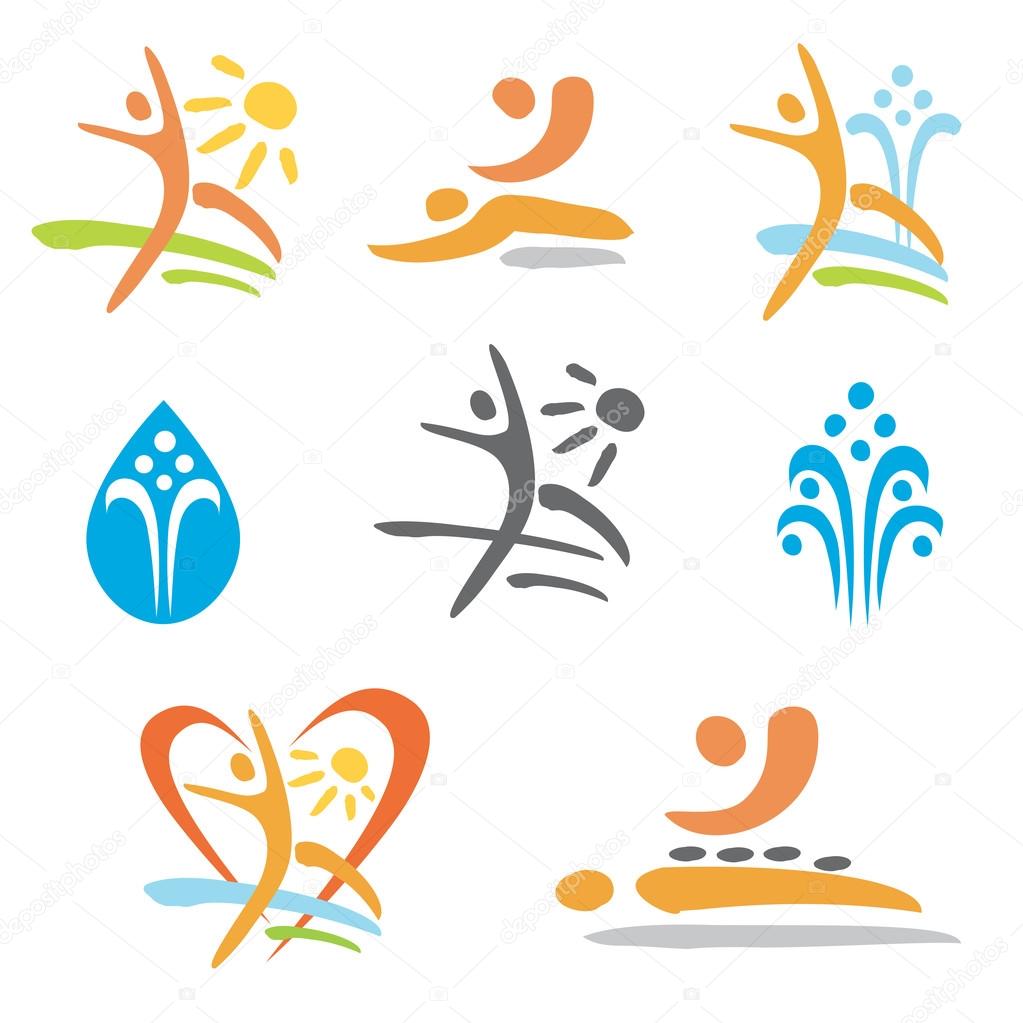 Set of colorful icons of massage, spa, nudism and relax . Vector illustration.