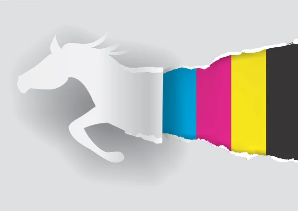 Carta Cavallo strappando carta con colori di stampa — Vettoriale Stock