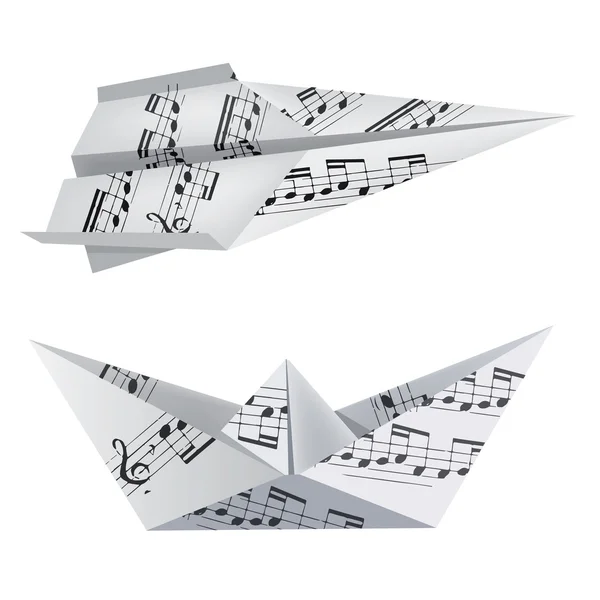 Bateau et avion Origami avec notes musicales — Image vectorielle