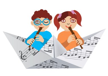 Çocuklar flüt üzerinde kağıt tekne oyun