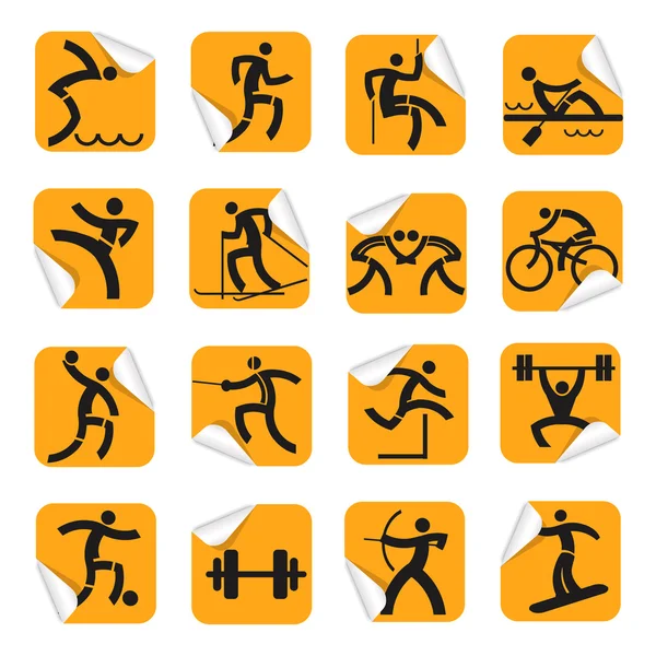 Oranje stickers met sport pictogrammen. — Stockvector