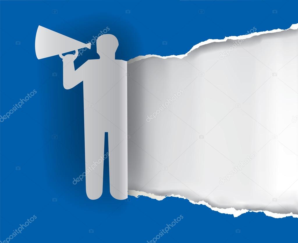 Man with megaphone ripping paper