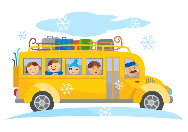 Bus scolaire d'hiver voyage scolaire bande dessinée . — Image vectorielle