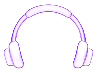 Üç boyutlu cam şekilli kulaklık simgesi mor renkte. Müzik, ses ve eğlenceyi sembolize eden asgari tasarım. Medya ve podcas için mükemmel