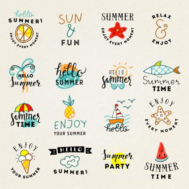 Elle çizilmiş suluboya yaz Amblemler kümesi. 