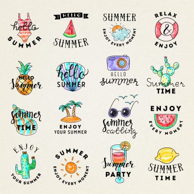 Elle çizilmiş suluboya yaz Amblemler kümesi. 