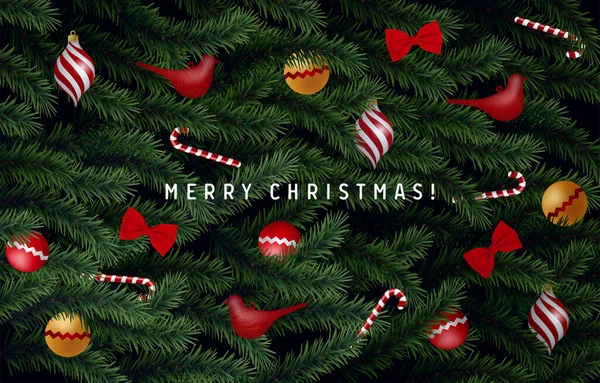 Weihnachtsgrußkarte Mit Realistischen Tannenzweigen Schöne Weihnachtliche Kulisse — Stockvektor