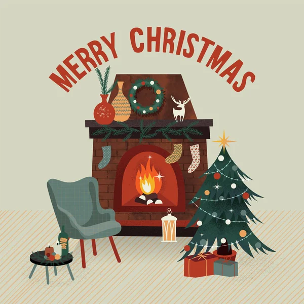 Sıcak Şömineli Noel Illüstrasyonu Noel Vektör Tebrik Kartı — Stok Vektör