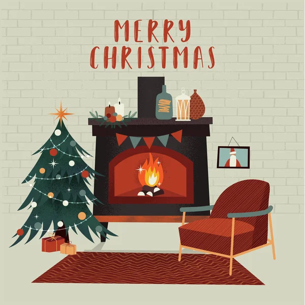 Sıcak Şömineli Noel Illüstrasyonu Noel Vektör Tebrik Kartı — Stok Vektör