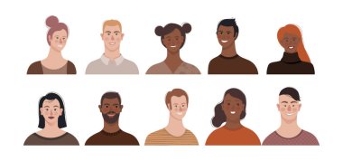 Düz stil insan portreleri - erkek ve kadın yüzlerinin tasarım konsepti.