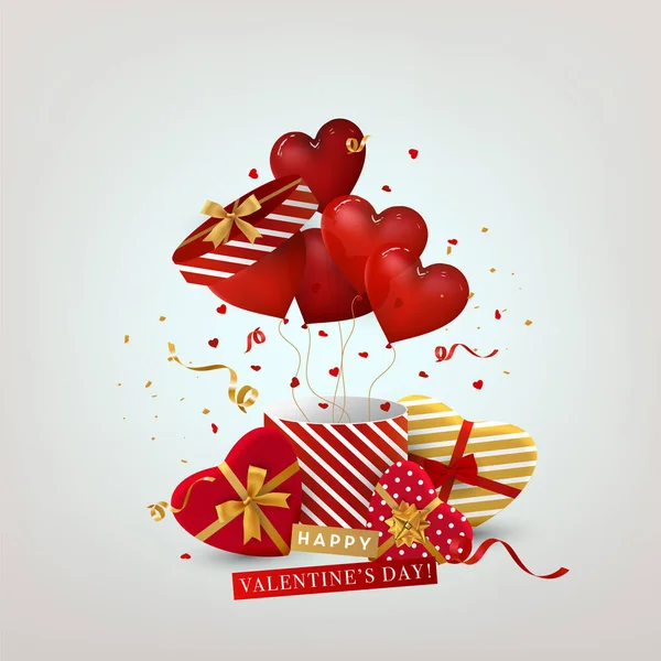 Vector Gelukkige Valentijnsdag Illustratie Romantische Wenskaart Met Ballonnen Snoepjes Geschenken — Stockvector