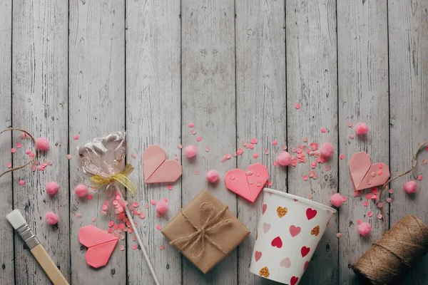Flat Lay Happy Valentine Day Photography Gift Box Paper Origami — Stockfoto