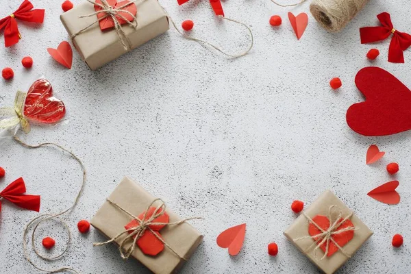 Flat Lay Happy Valentine Day Fotografie Met Geschenkdoos Papieren Origami — Stockfoto