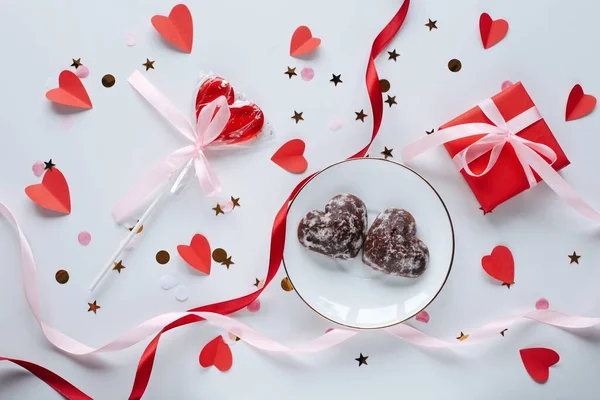 Flat Lay Feliz Día San Valentín Fotografía Romántica Sobre Fondo —  Fotos de Stock