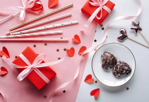 Flat Lay Feliz Día San Valentín Fotografía Romántica Sobre Fondo — Foto de Stock