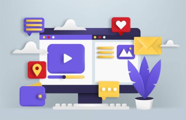 Monitör, web sayfası, farklı simgeler ve bitkilerle 3B web vektör trend illüstrasyonu.