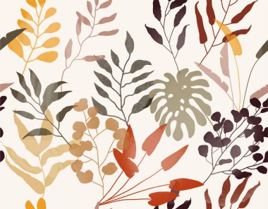 Farklı tropikal yapraklarla kusursuz desen. Moda çiçekli illüstrasyon 