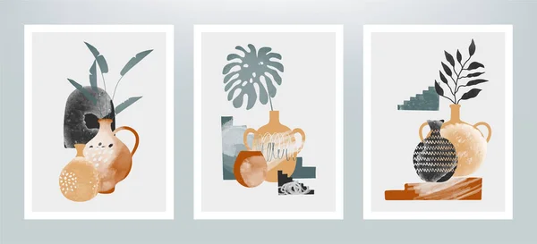 Minimalistic Illustration Different Vases Plants Set Abstract Art Vector Posters — Stockový vektor