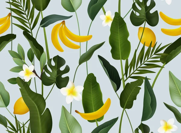 熱帯の葉や果物と現実的なシームレスなパターン ベクターシームレスイラスト — ストックベクタ