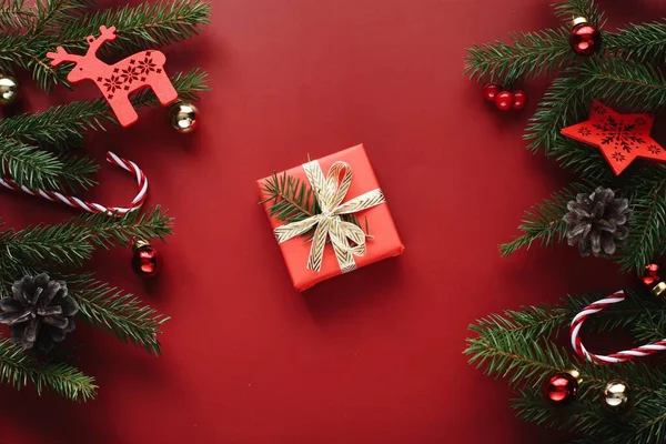 Belo Fundo Vermelho Natal Modelo Cartão Saudação Natal — Fotografia de Stock