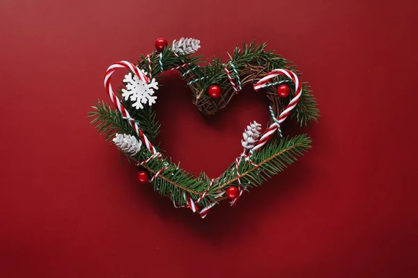 Beautiful Christmas Wreath Red Background Top View Photography Royalty Free Stock Images