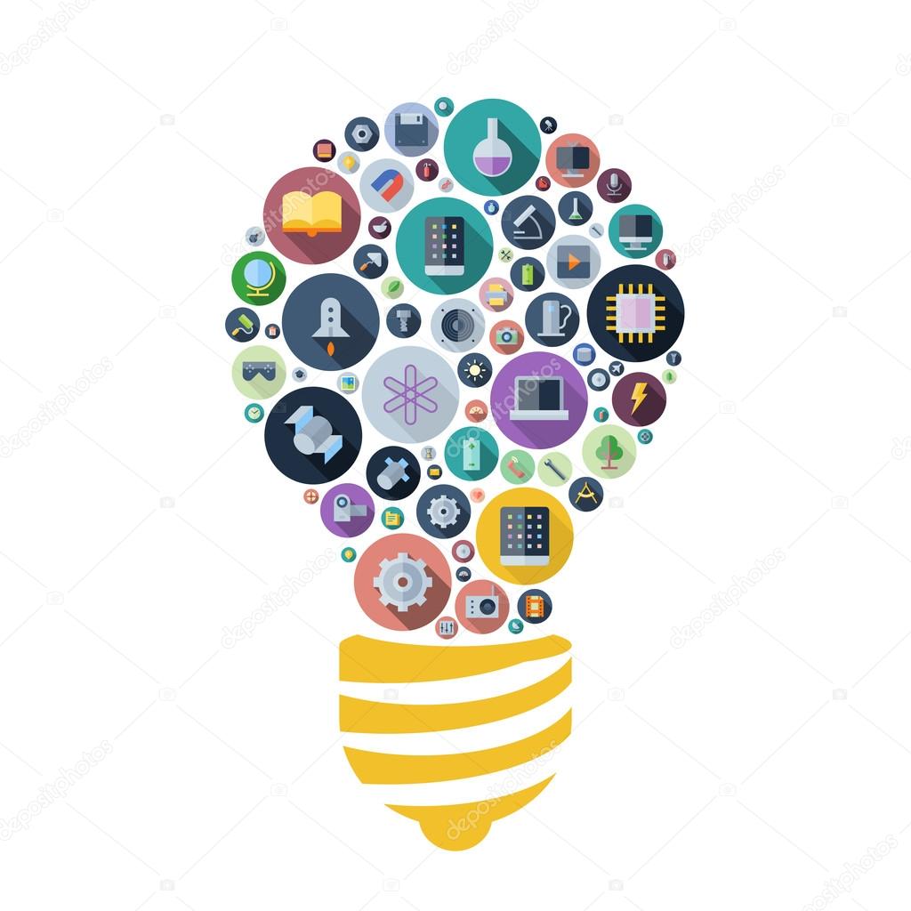 Icons for technology and science arranged in light bulb shape — Stock